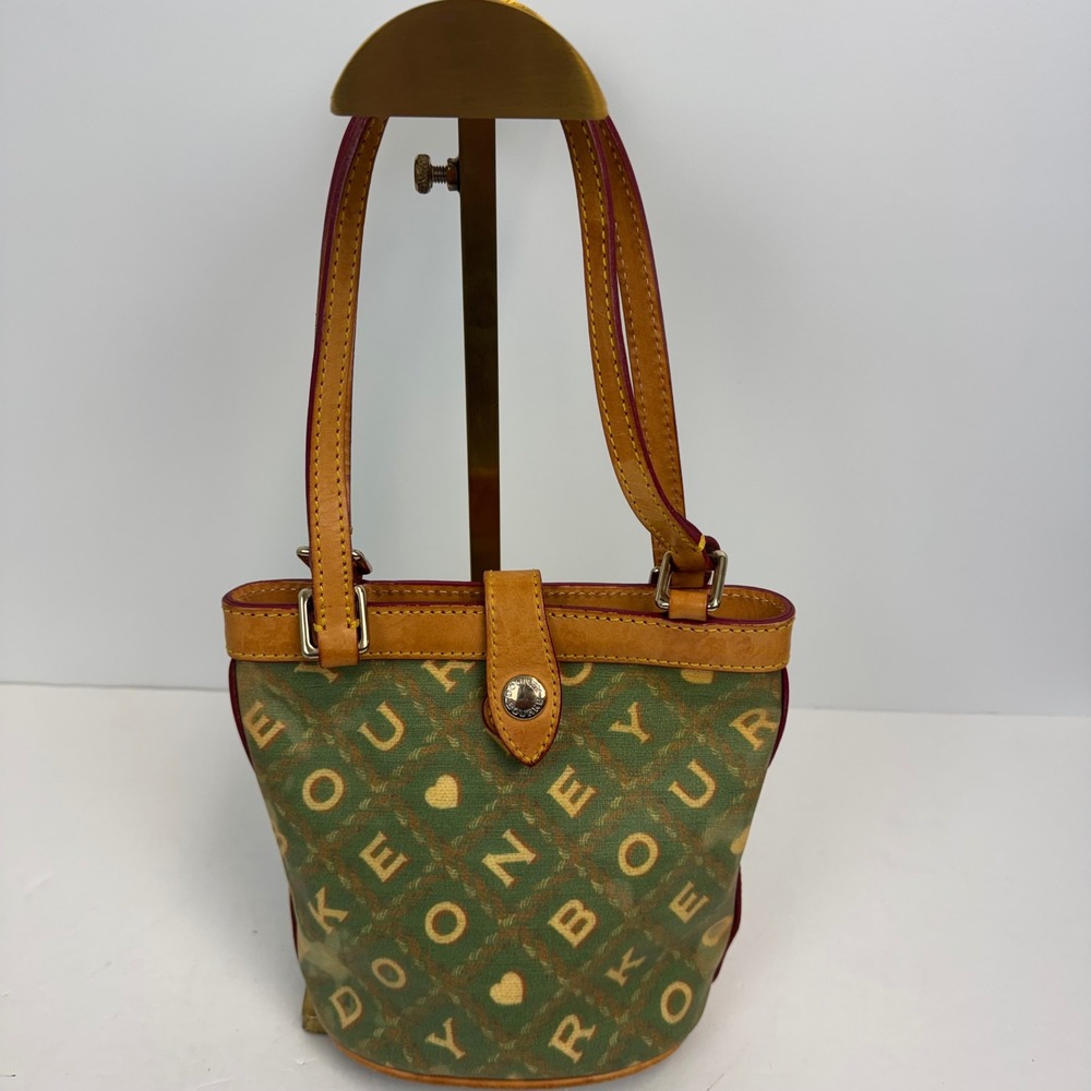 Dooney & Bourke Green Plaid Heart Logo Canvas Small Bucket Bag Leather Trim